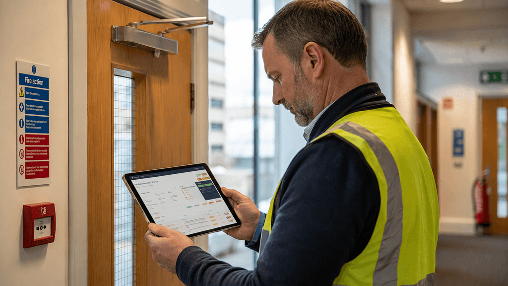 Fire risk assessor using software to check a fire door closer during a PAS 79 fire risk assessment in a commercial building.