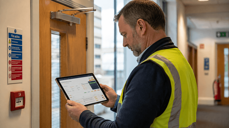 Fire risk assessor using software to check a fire door closer during a PAS 79 fire risk assessment in a commercial building.