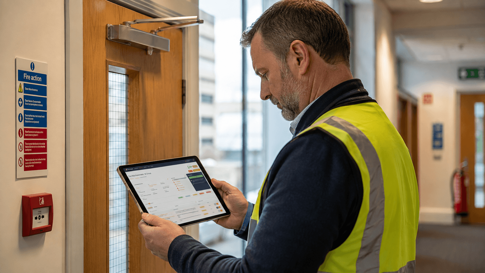 Fire risk assessor using software to check a fire door closer during a PAS 79 fire risk assessment in a commercial building.